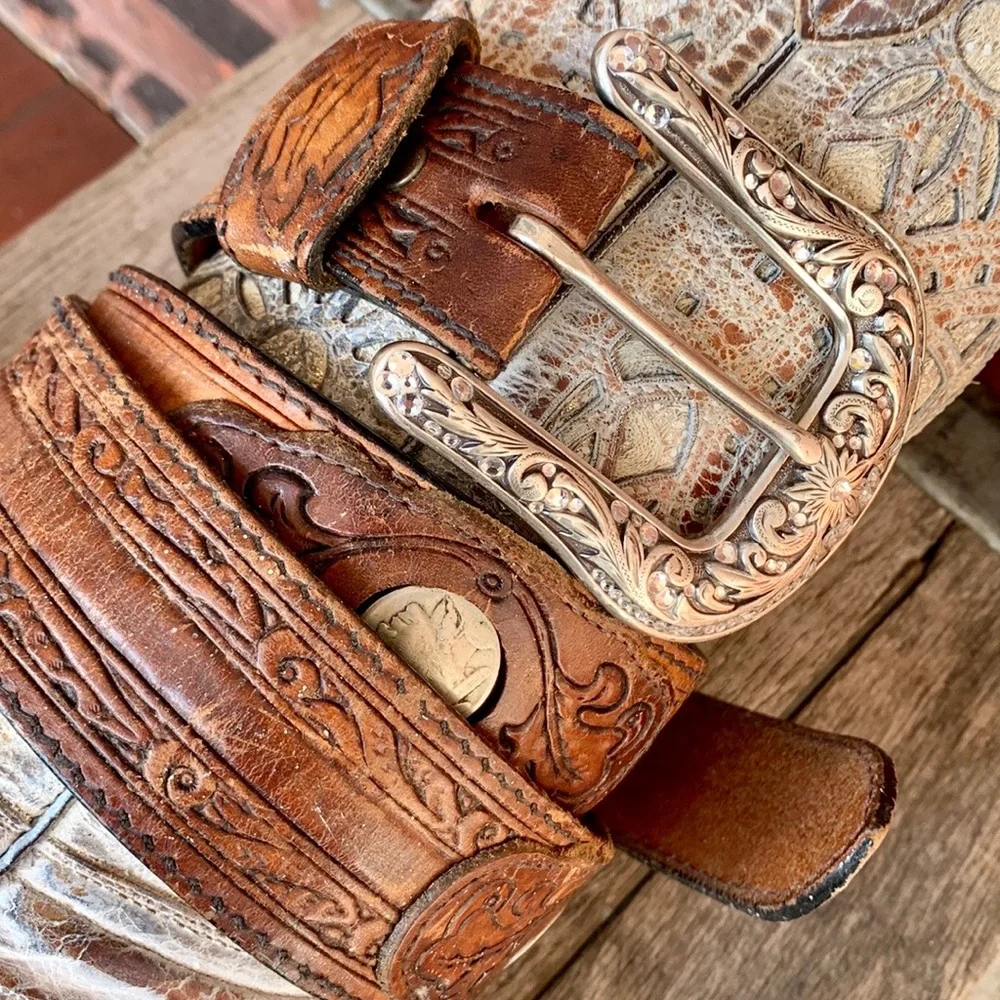 Sold LARRY MAHAN Vintage Tooled Leather Coin Crystal Cowgirl Western Belt Buckle - Picture 4 of 12